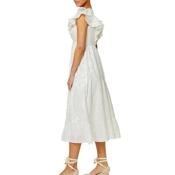 Roller Rabbit White Ondine Lurex V-Neck Cap Ruffle Sleeve A-Line Midi Dress - Picture 3 of 11